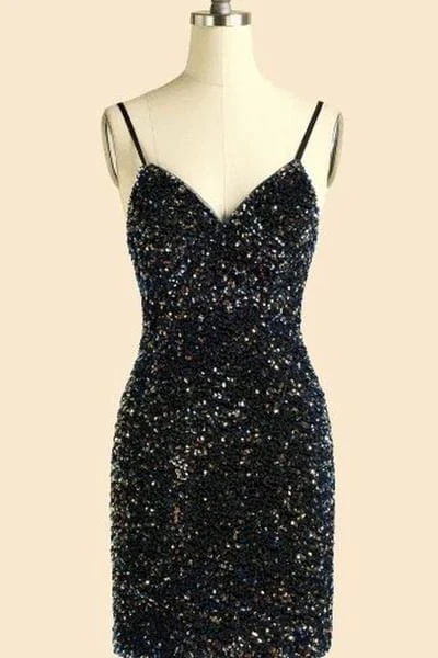 Black Sequins V-Neck Spaghetti Straps Mini Homecoming Dress gh1413