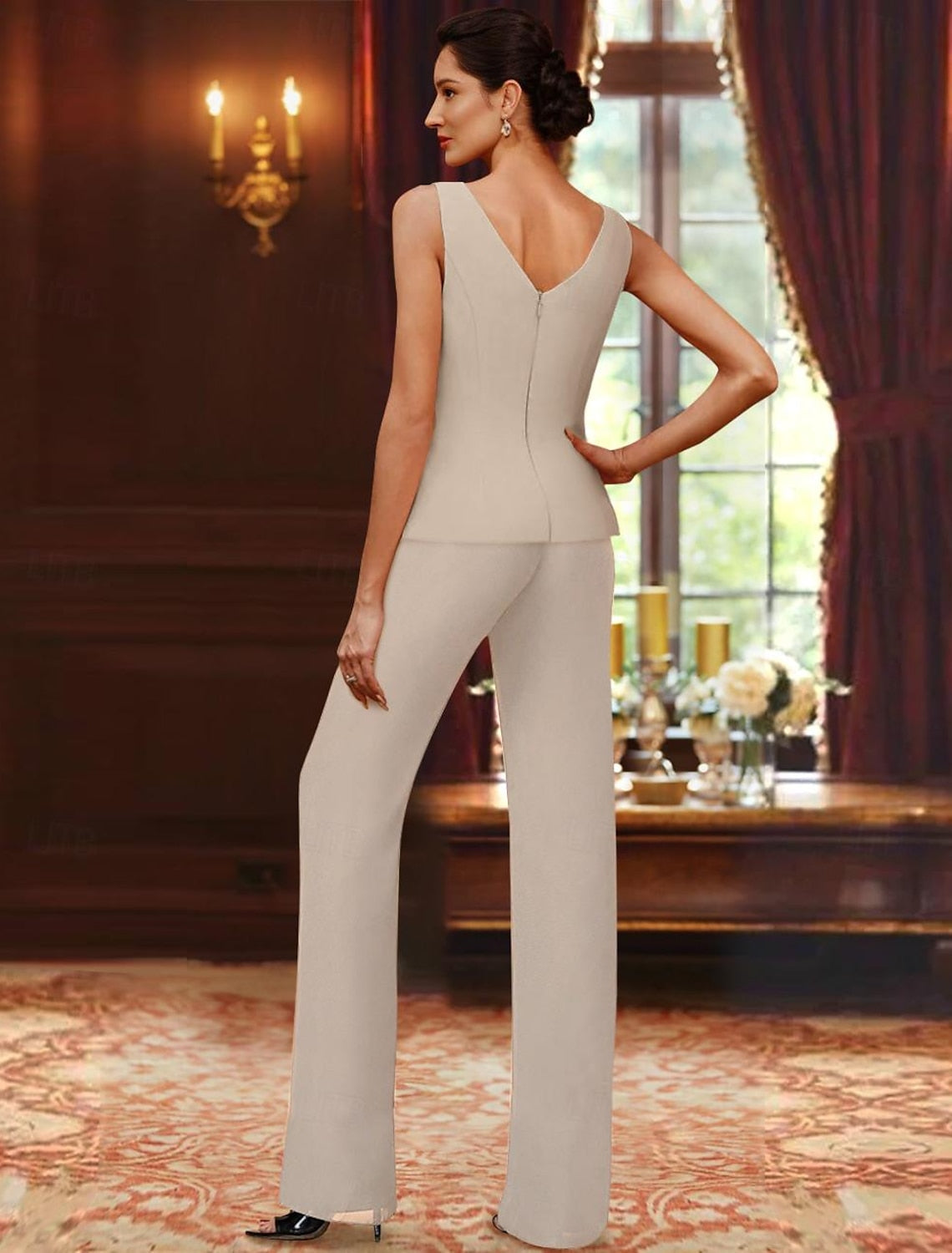 Chiffon V-Neck Floor-Length 3 Pieces Mother of the Bride Pantsuits with Jacket & Sequins