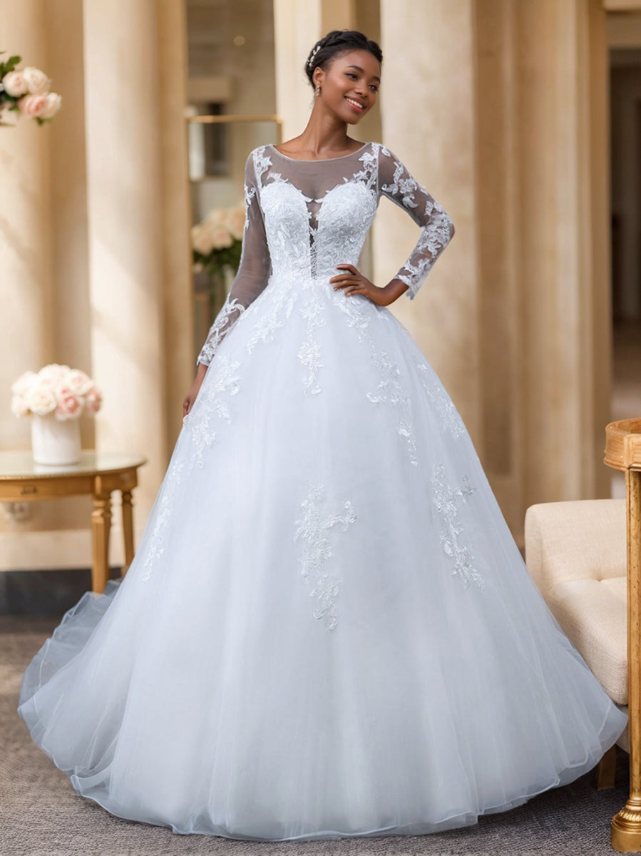 A-Line/Princess Tulle Sheer Neck Long Sleeves Wedding Dresses with Lace Appliques