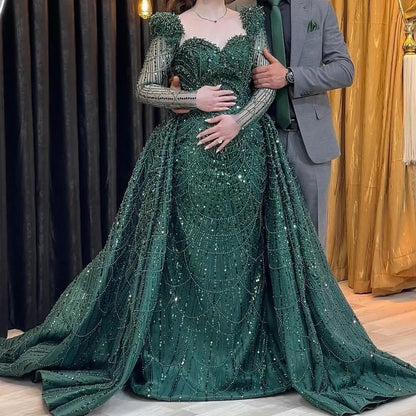 Elegant Green Applique Prom Dress Long Sleeve Mermaid Dress XM0300