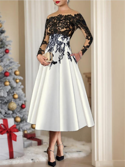 A-Line/Princess Illusion Neck Tea-Length Cocktail Dresses with Lace Sleeves