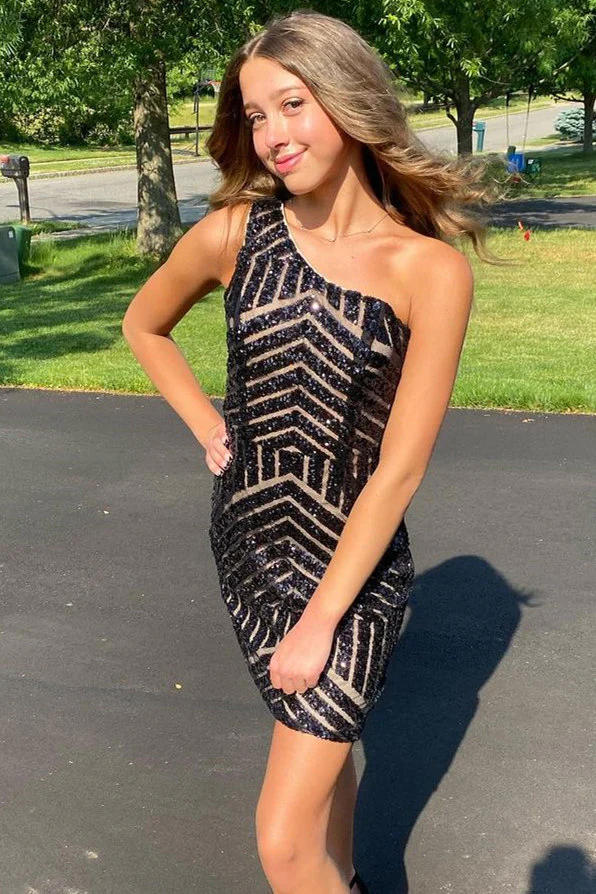 Stunning One Shoulder Black Sequins Homecoming Dress  gh1781