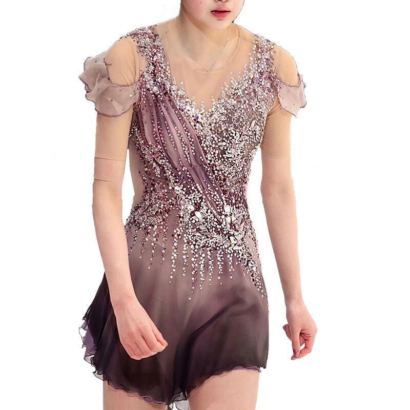 Figure Skating Women's Girls' Short Sleeves Training Practice Sparkly Ice Skating Dress