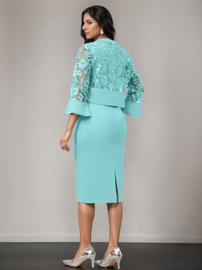 Sheath/Column V-Neck Tea-Length Mother of the Bride Dresses with Appliques & Jacket