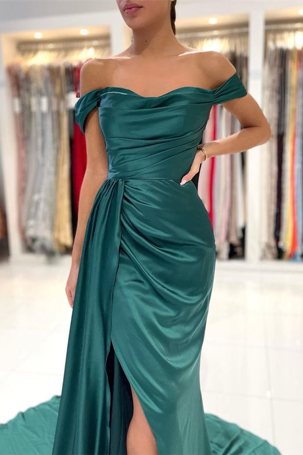 Dark Green Off-the-Shoulder Mermaid Long Prom Dress Split With Ruffles PD0680