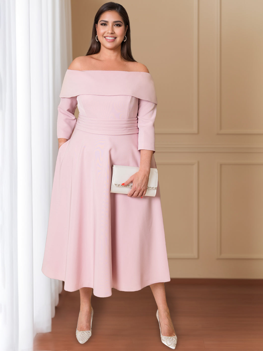 A-Line/Princess Off-the-Shoulder Half Sleeves Tea-Length Wedding Guest Dress With Bowknot