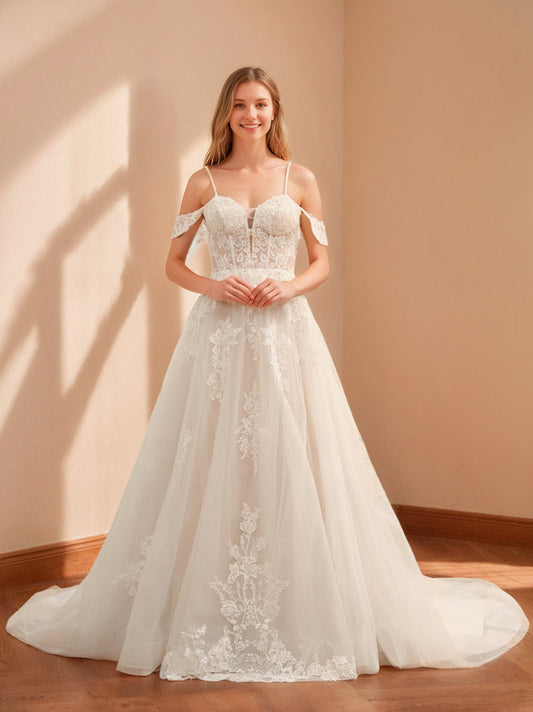 Ball Gown Off-the-Shoulder Sleeveless Long Tulle Wedding Dresses with Lace Appliques