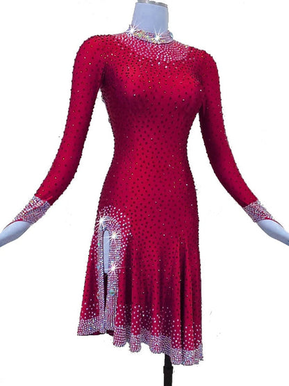 Latin Dance Dress Crystals/Rhinestones Women‘s Training Performance Long Sleeve High Spandex/Jazz