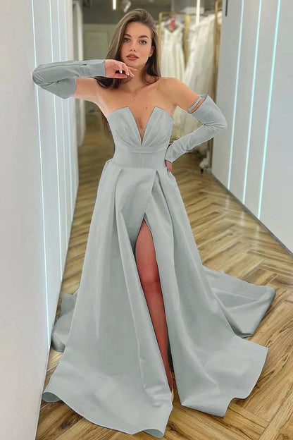 White Long Sleeves V-Neck A-Line Prom Dress With Split ED0247