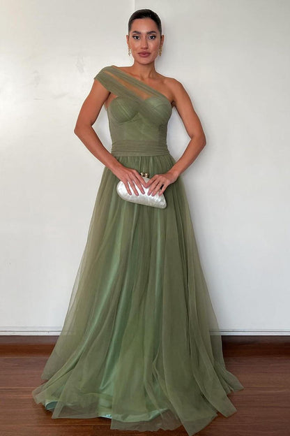 edgynewlook Stunning Green Tulle One Shoulder Sleeveless Long Prom Dress with Pleated