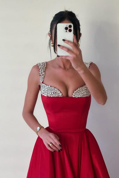 Red Formal A-Line Beaded Double Straps Prom Dress ZT0537