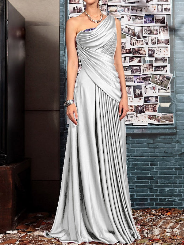 Sheath One Shoulder Sleeveless Floor Length Mother of the Bride Dresses with Pleats Crystals  Draping