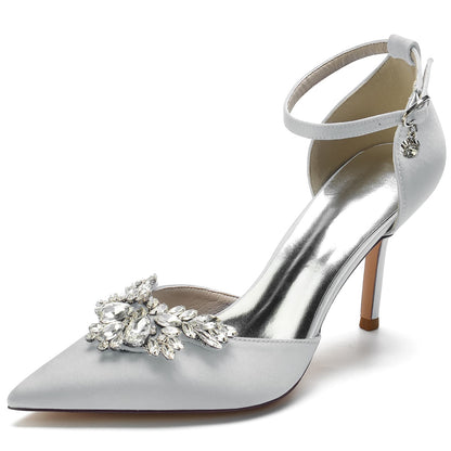 Women's Wedding Shoes High Heel Pointed Toe Buckle Bridal Shoes with Rhinestones