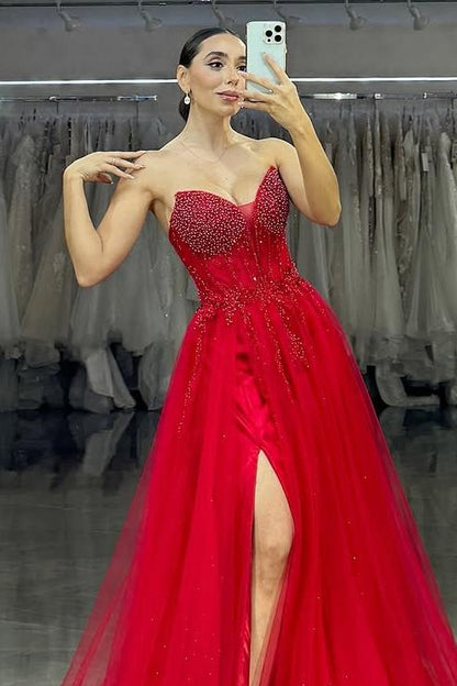 edgynewlook Shinning Red Tulle Sleeveless Sweetheart Strapless Split Prom Dress with Beadings