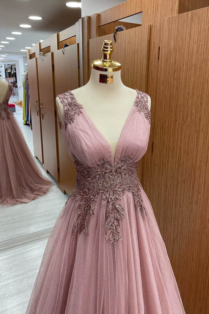 Dusty Pink V-Neck Sleeveless Prom Dress Tulle Long With Appliques ED0153