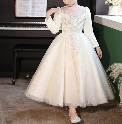 Ball Gown Round Neck Long Sleeves Flower Girl Dresses with Rhinestone Appliques