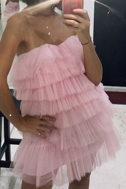 LTP1424,Tiered Tulle Pink Homecoming Dress, Princess Strapless Short Prom Dress