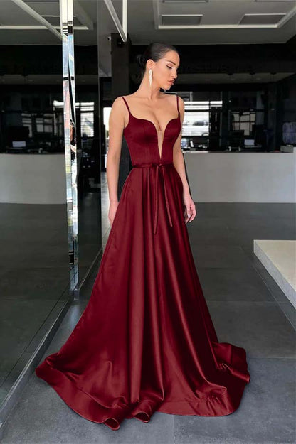 Spaghetti-Straps Long Prom Dress A Line With Belt ED0011