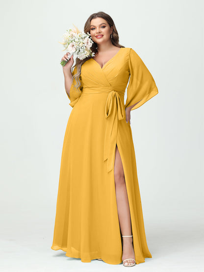 A-Line/Princess/Princess V-Neck Long Sleeves Chiffon Plus Size Bridesmaid Dresses With Pockets Belt & Split Side