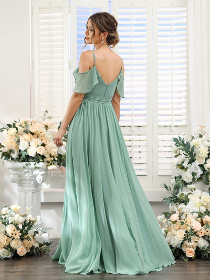 A-Line/Princess V-Neck Spaghetti Straps Floor-Length Bridesmaid Dresses with Pockets