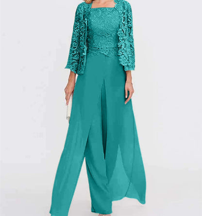 Chiffon Square Neck Floor-Length Mother of the Bride Pantsuits with Jacket & Split Side