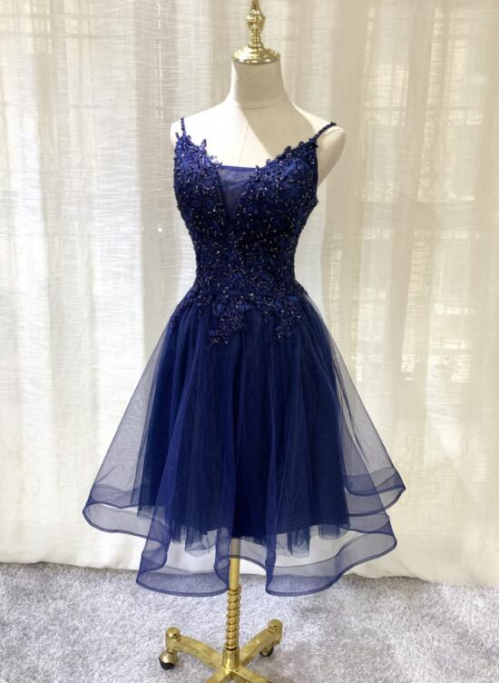 Navy Blue V-Neckline Tulle Short Homecoming Dress, Lace Applique Short Party Dress  gh154