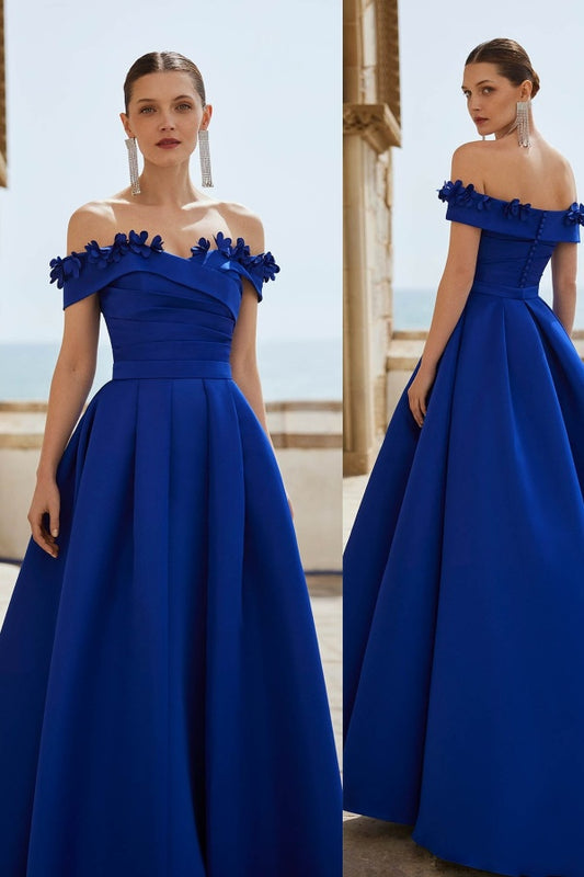 Royal Blue Off-The-Shoulder Elegant Flowers Prom Dress ZT0276