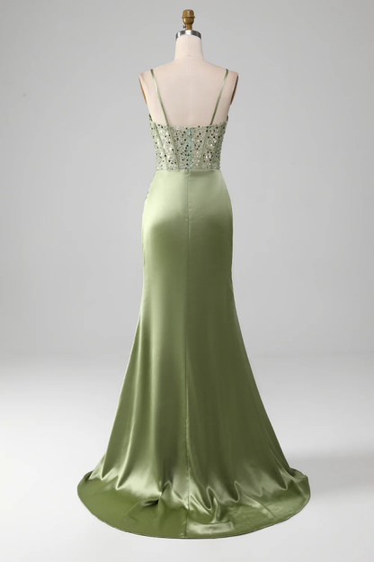 Elegant Light Green Sheath Split Sequins Pleated Prom Dress ZT0569