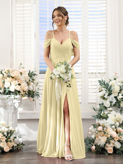 A-Line/Princess V-Neck Spaghetti Straps Floor-Length Chiffon Bridesmaid Dresses with Split Side