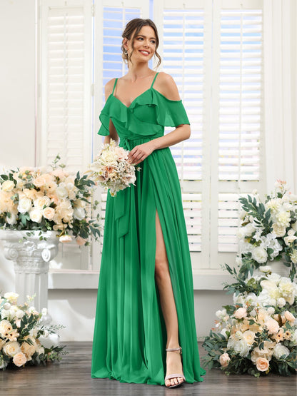 A-Line/Princess V-Neck Spaghetti Straps Floor-Length Bridesmaid Dresses with Pockets