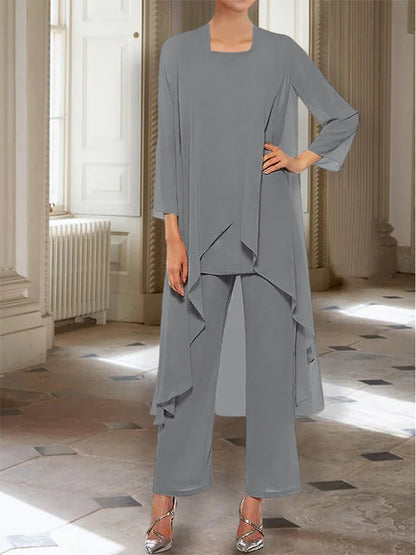 Chiffon Round Neck 3/4 Length Sleeves Ankle-Length Mother of the Bride Pantsuits with Jacket