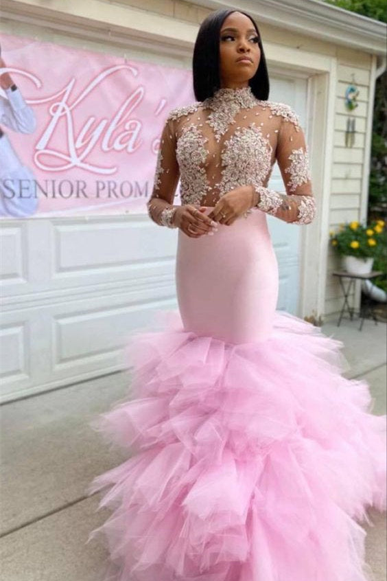 Pink High Neck Tulle Mermaid Prom Dress With Lace Appliques PD0735