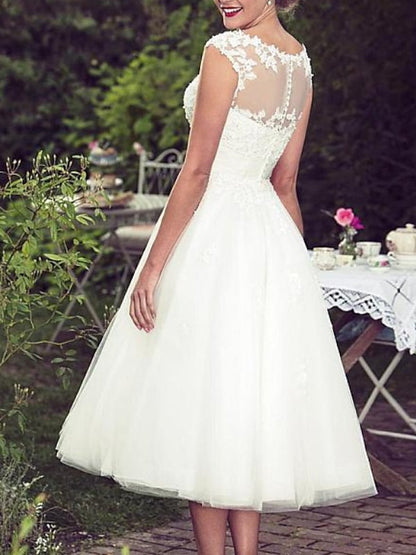 A-Line/Princess Lace Tulle Illusion Neck Sleeveless Tea Length Appliques Wedding Dress