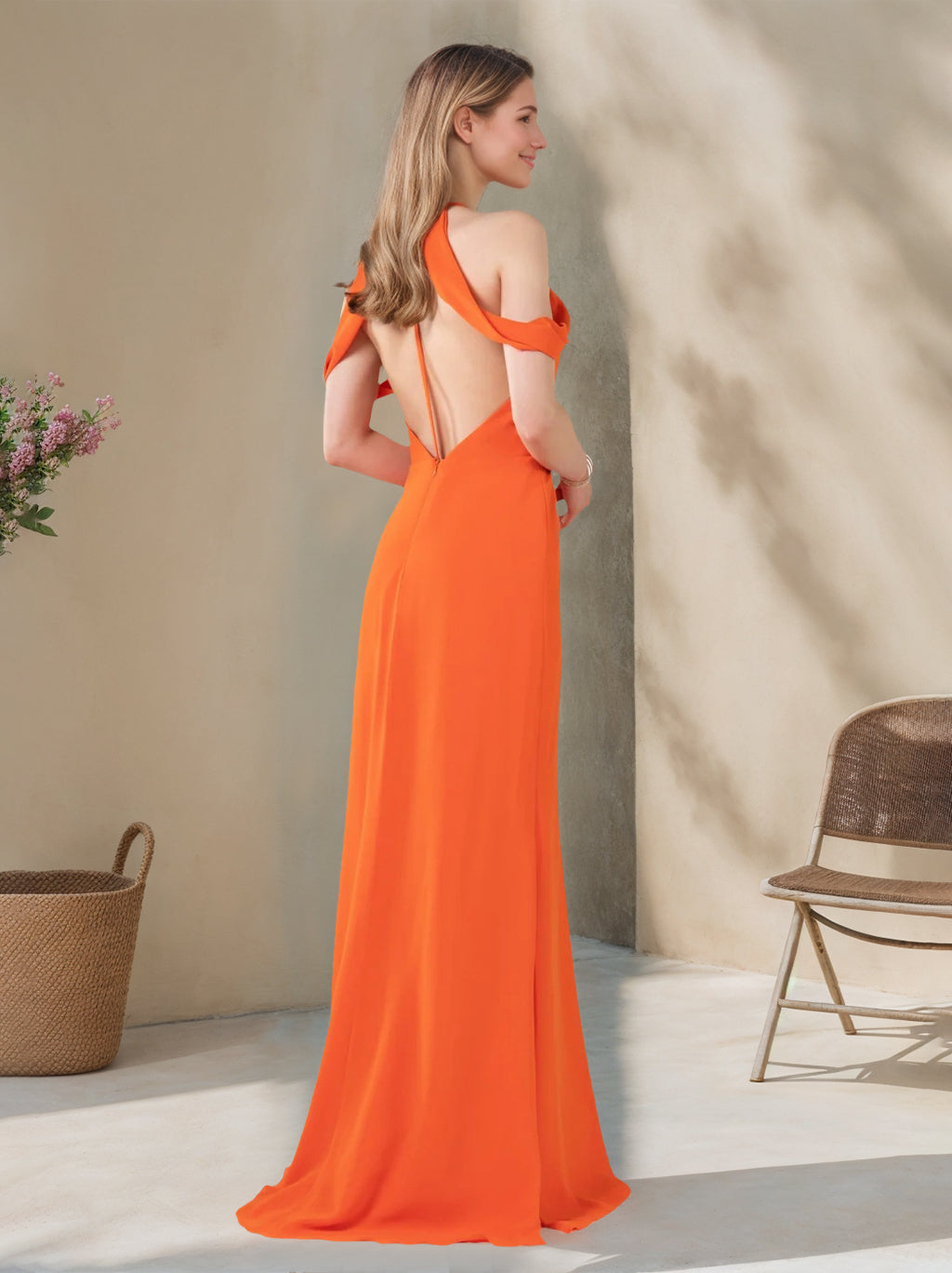 A Line/Princess Halter Neck Sleeveless Floor-Length Bridesmaid Dresses with Ruffles