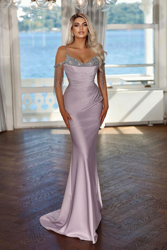 edgynewlook Glamorous Lilac Satin Off the Shoulder Spaghtti Strap Mermaid Prom Dress with Beadings