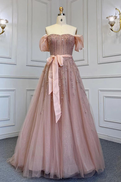 Pink Off-The-Shoulder Bubble Sleeves Prom Dress Belt With Sequins Tulle ED0393