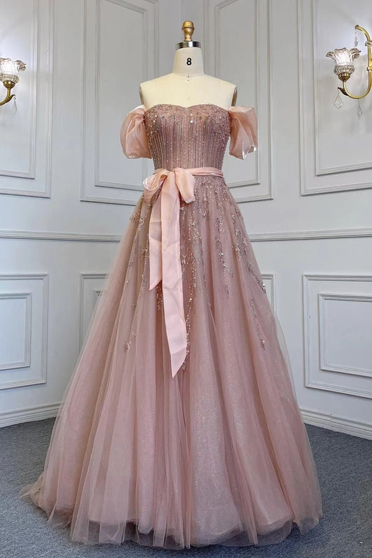 Pink Off-The-Shoulder Bubble Sleeves Prom Dress Belt With Sequins Tulle ED0393