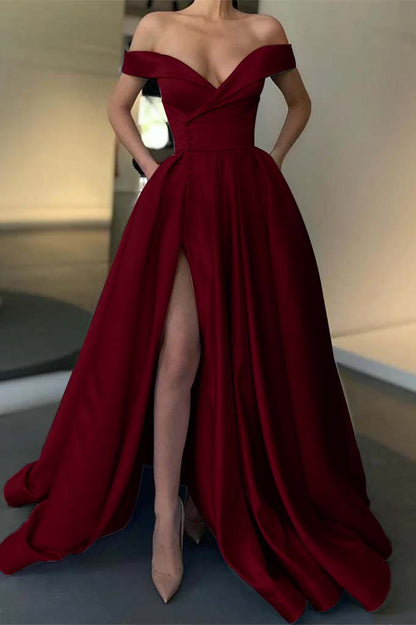 Off-the-Shoulder Long Split Prom Dress PD0386