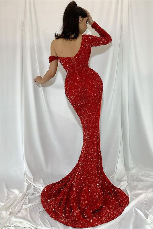 Red One Shoulder Sequins Mermaid Prom Dress With Split PD0693