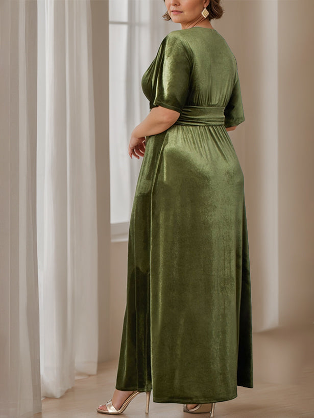 A-Line/Princess V-Neck Half Sleeves Floor-Length Plus Size Velvet Mother of the Bride Dresses with Ruffles