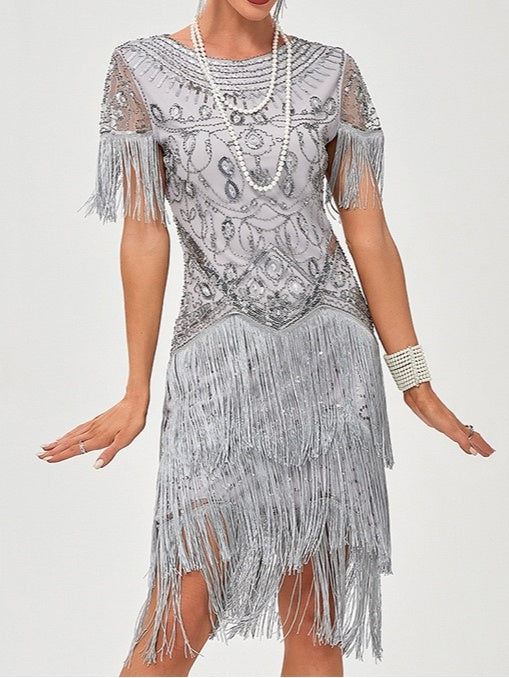 A-Line/Princess Jewel Neck Short Sleeve Knee-Length Vintage Dress with Tassel Fringe & Sequins