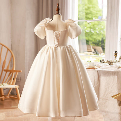 Short Sleeves Square Neck Floor Length Flower Girl Dresses with Bow