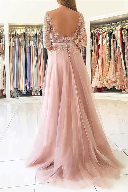 Pink 3/4 Sleeves Prom Dress With Split PD0283