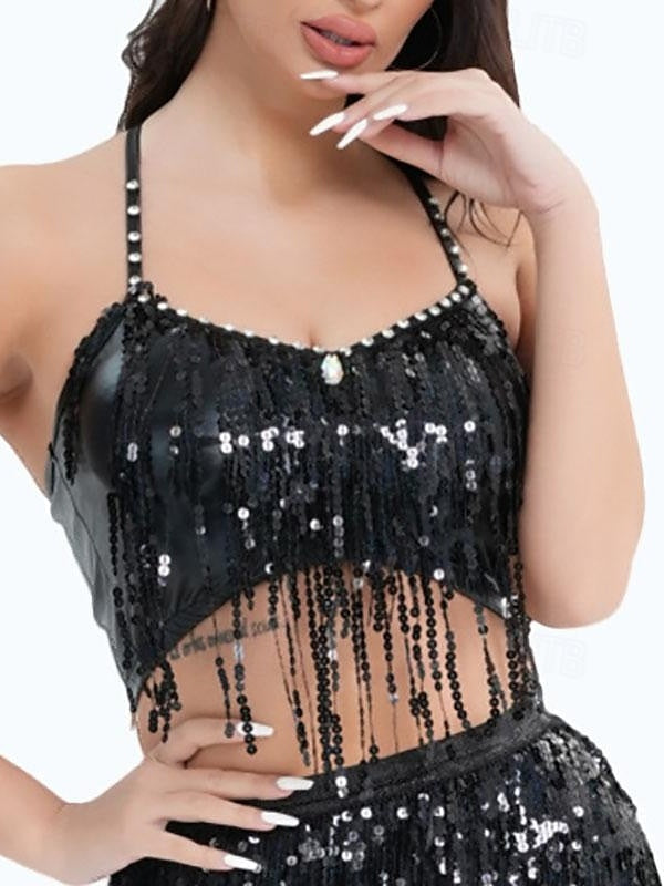 Belly Dance Top Glitter Tassel Pure Color Women's Performance Training Sleeveless High Polyester