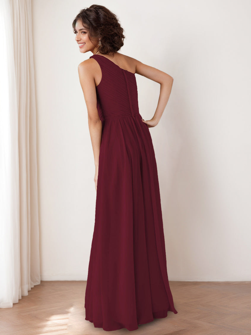 A Line/Princess One-Shoulder Sleeveless Floor-Length Bridesmaid Dresses with Pocket & Ruffles