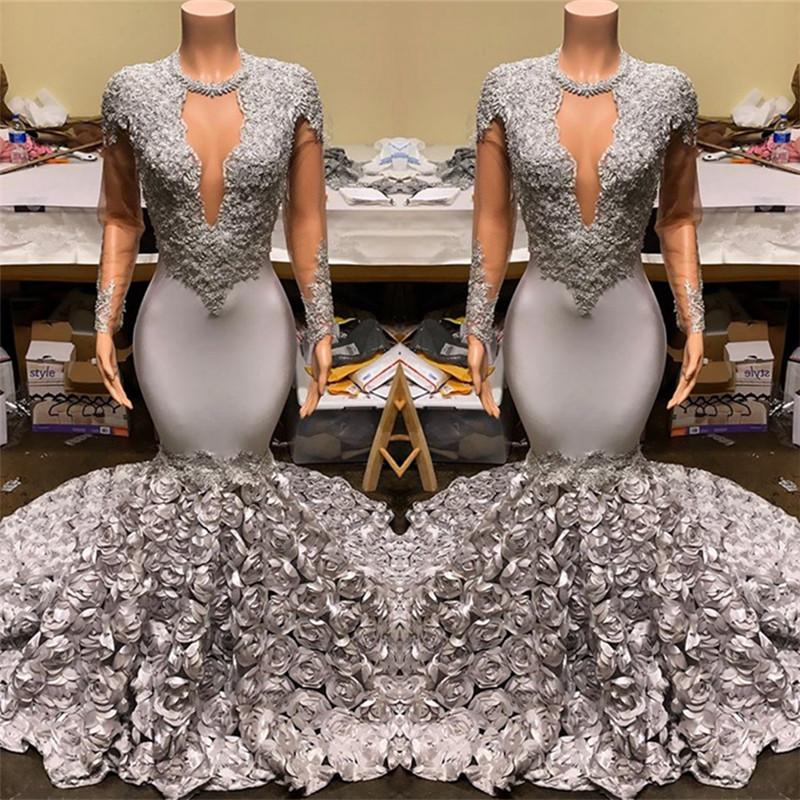 Elegant Long Sleeves Mermaid V-Neck Prom Dress Appliques With Flowers Bottom PD0601