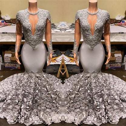 Elegant Long Sleeves Mermaid V-Neck Prom Dress Appliques With Flowers Bottom PD0601