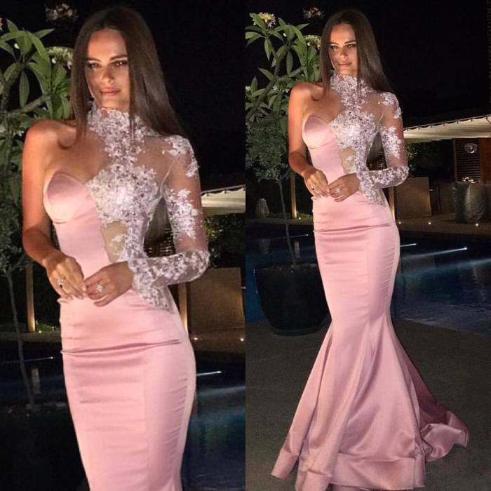 Pink One Shoulder Prom Dress Long Sleeves PD027