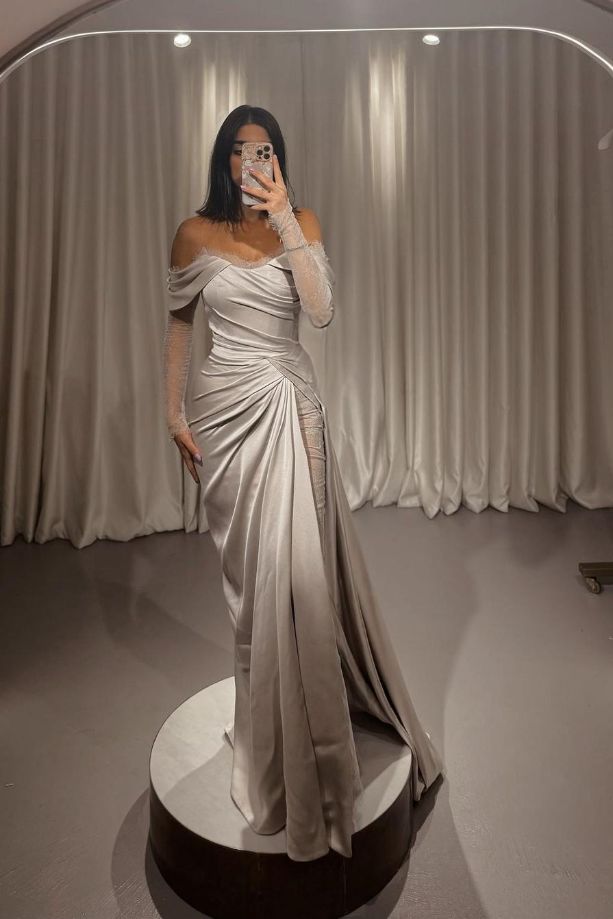 edgynewlook Stunning Silver Satin Strapless Off the Shoulder Long Sleeves Prom Dress with Pleated