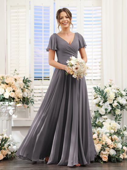 A-Line/Princess V-Neck Short Sleeves Bridesmaid Dresses with Split Side & Ruched